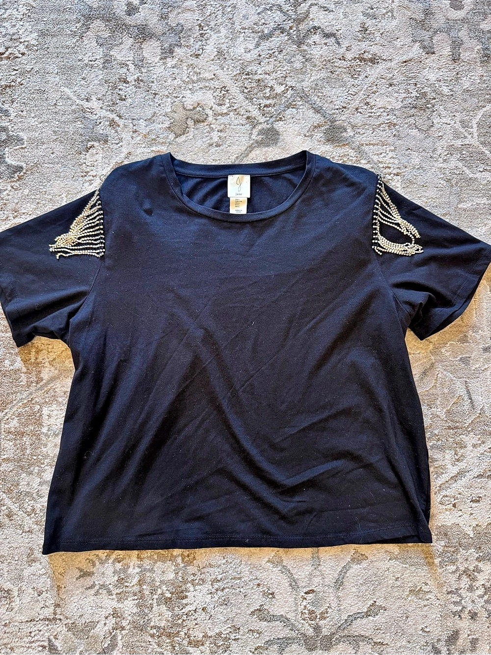 Joie Rhinestone Fringe Shoulder Cotton T-Shirt Black Large. Running small